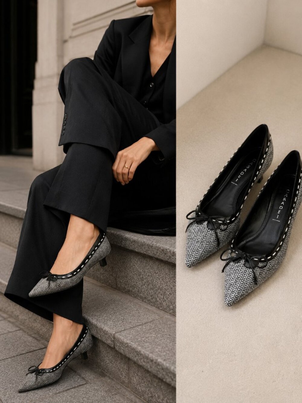 Casadei Tweed Kitten Heel Pumps Womens 7.5 B Black White Pointed Toe Bow Italy